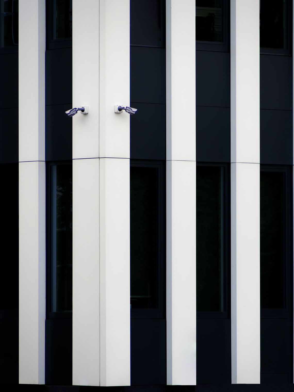 Elewacja Pierwszego Urzedu Skarbowego w Poznaniu. Przeplatające się białe i czarne pasy. W górnej części dwie kamery.